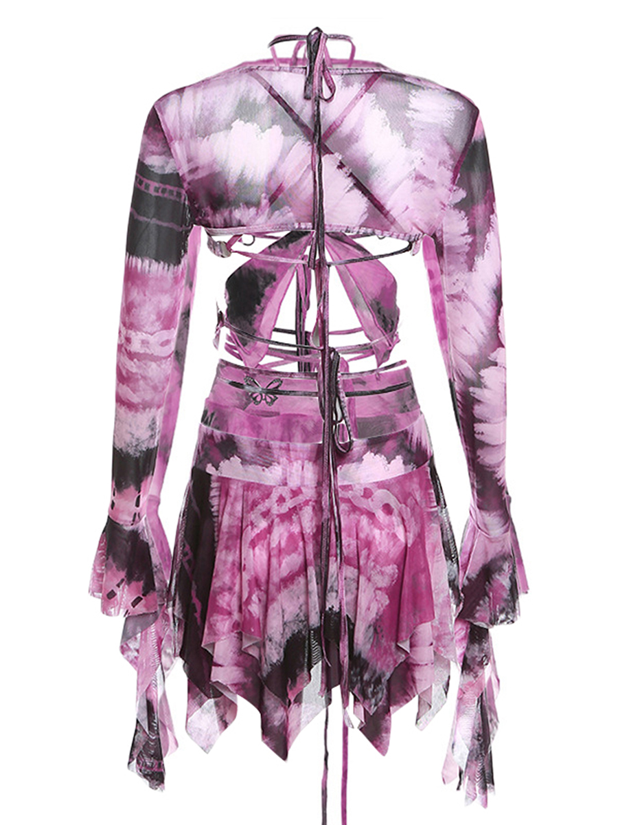 Frauen y2k 3 Stück Sommer Outfits Mode ästhetische Langarm Achsel zucken Tops Krawatte Dye Print Weste unregelmäßigen Minirock Set für Party – Detail 23