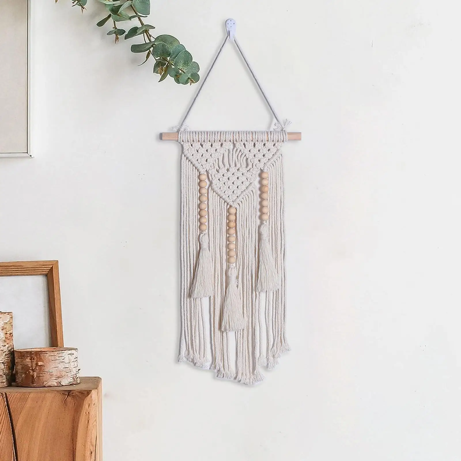 Macrame Wall Hanging Decor with Beads White Boho Wall Decor Woven Wall Art Decor for Wedding Bedroom Bed Dorm Decoration