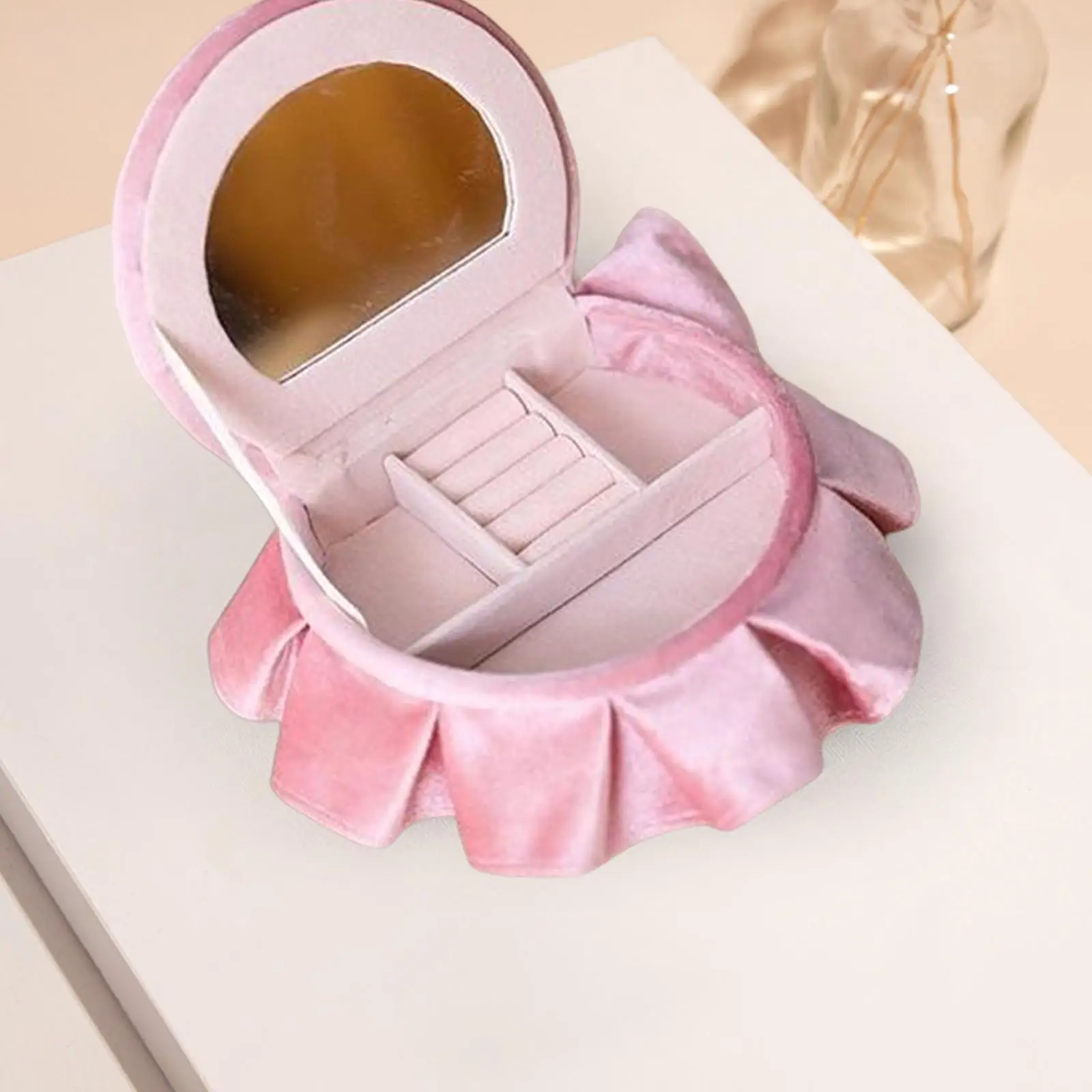 Dollhouse Bed Ornaments with Mirror Decoration Dolls Accessories Pink Jewelry Storage Case Makeup Jewelry Box for Dollhouse Kids