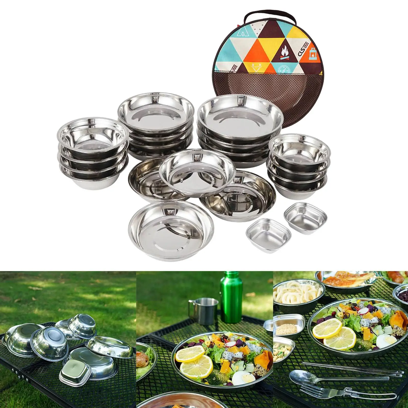 22 in 1 Stainless Steel Plate Set Portable Dinnerware Cooking  Bowl for