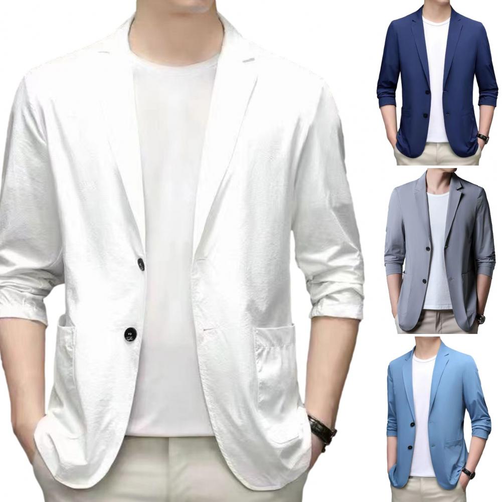 Description Picture 3 of itemMen Blazers Slim Fit Double Buttons Business Jacket Lapel 3/4 Sleeves Commuting Suit Coat Solid Color Lapel Groom Coat