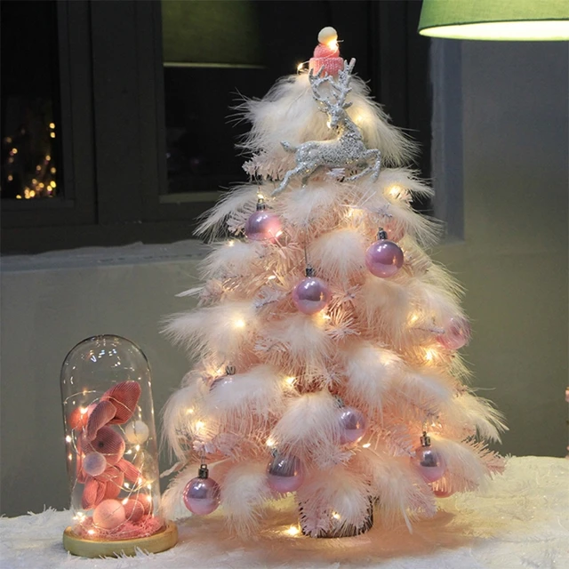Mini Christmas Tree w/ Feather Ornaments Lights Xmas Tabletop Tree Decor US