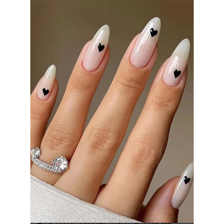 Best of 24Pcs / Set White Long Almond Fake Nails Art Black Heart Oval Artificial Removable Acrylic Press On Nail Hot Sale Stick On Nails Reviews & Tips