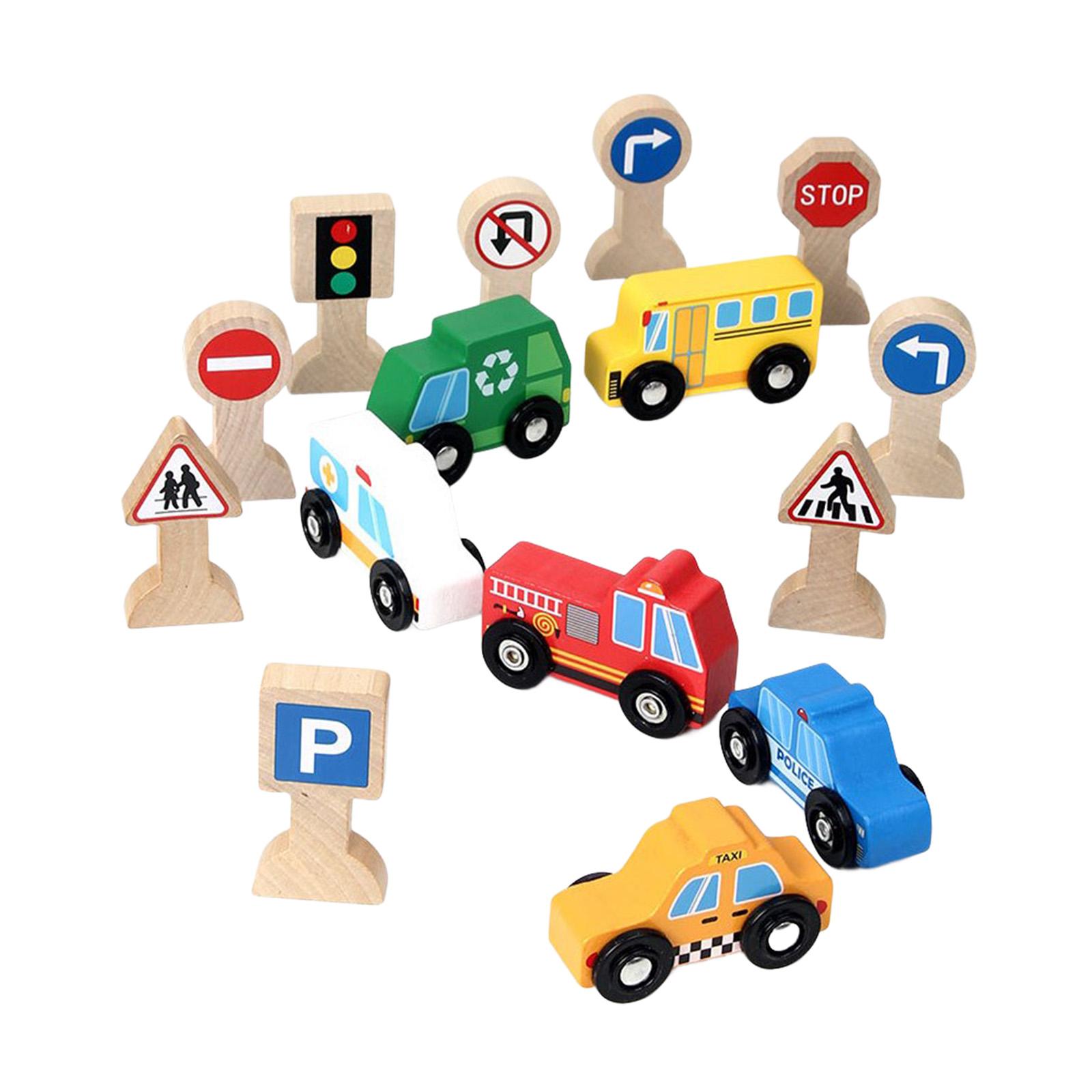 Wooden Cars Toys Wooden Street Signs Playset Educational Toy Mini Toy Vehicles for Boys Children Toddlers Kids Holiday Gifts