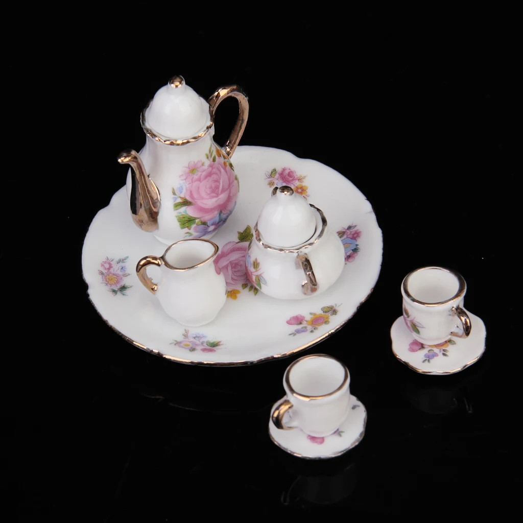 NEW ARRIVAL Children`s Classic Toys 8pcs Dollhouse Miniature Dining Ware Porcelain Tea Set Dish Cup Plate -Pink Rose  HOT SALE