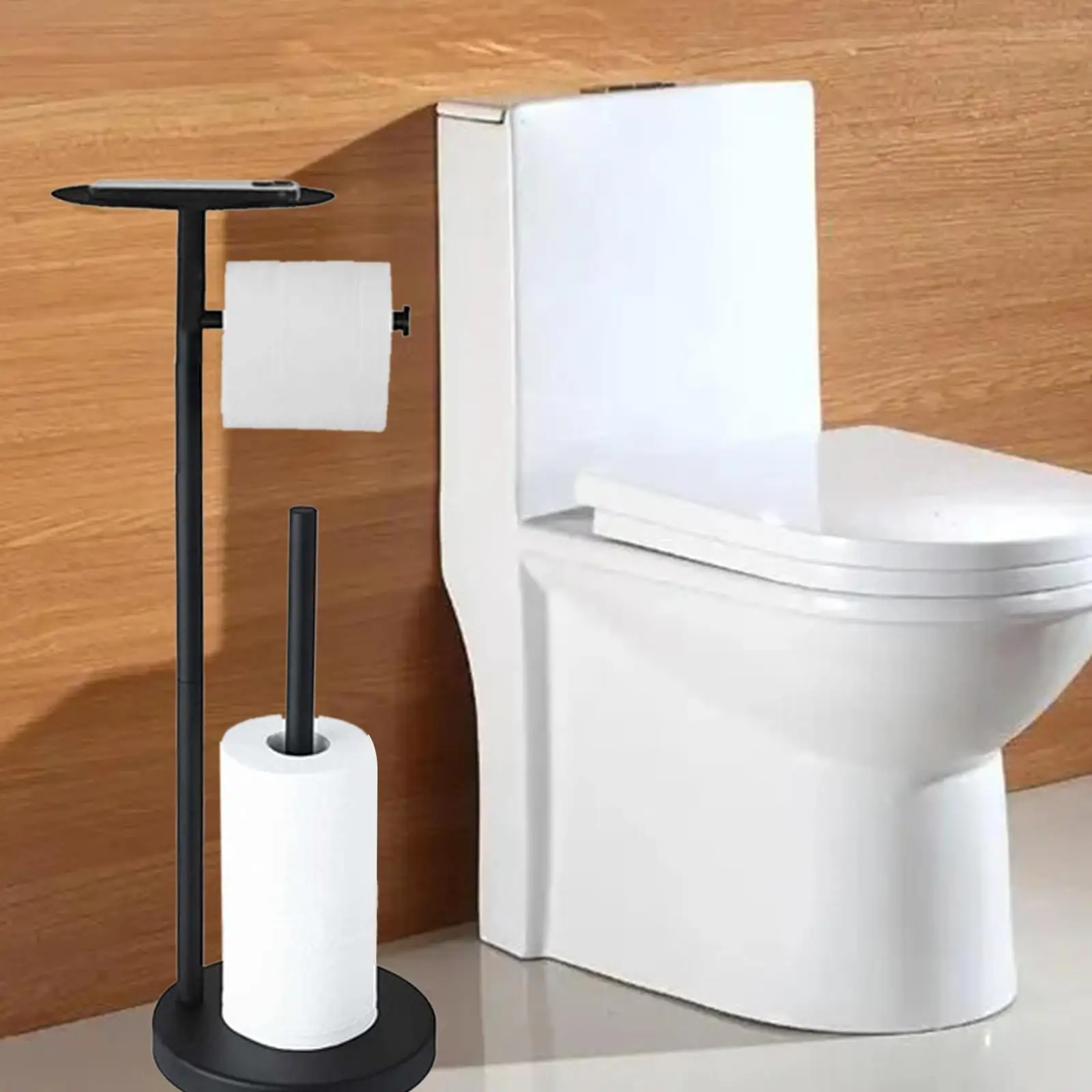 Free Standing Toilet Paper Tissue Dispenser with Top Storage Shelf Organization Floor Paper Towel Holder for Bathroom Farmhouse