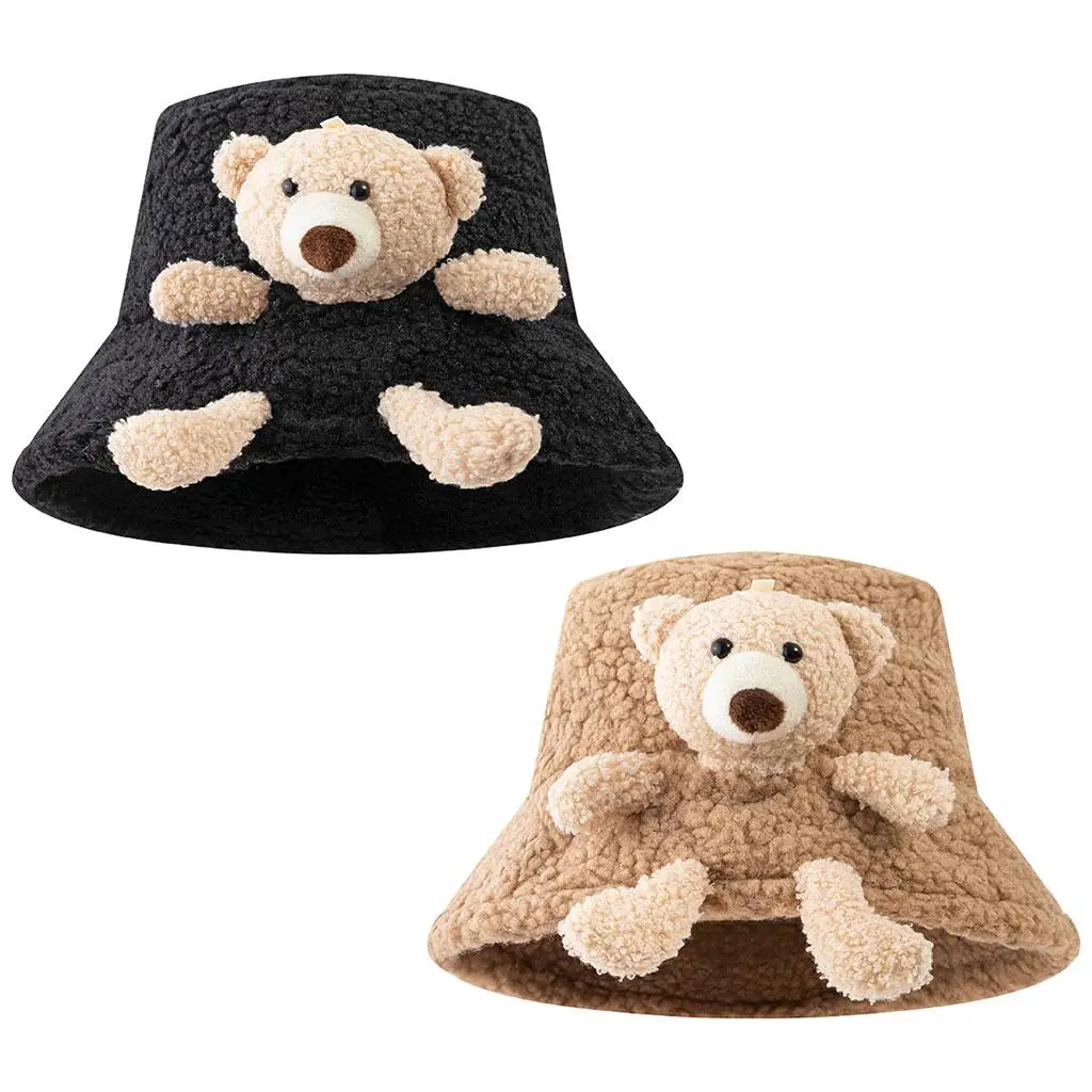 Women Warm Bucket Hat 3D Stuffed Cute Outdoor Harajuku Teddy Bear Plush