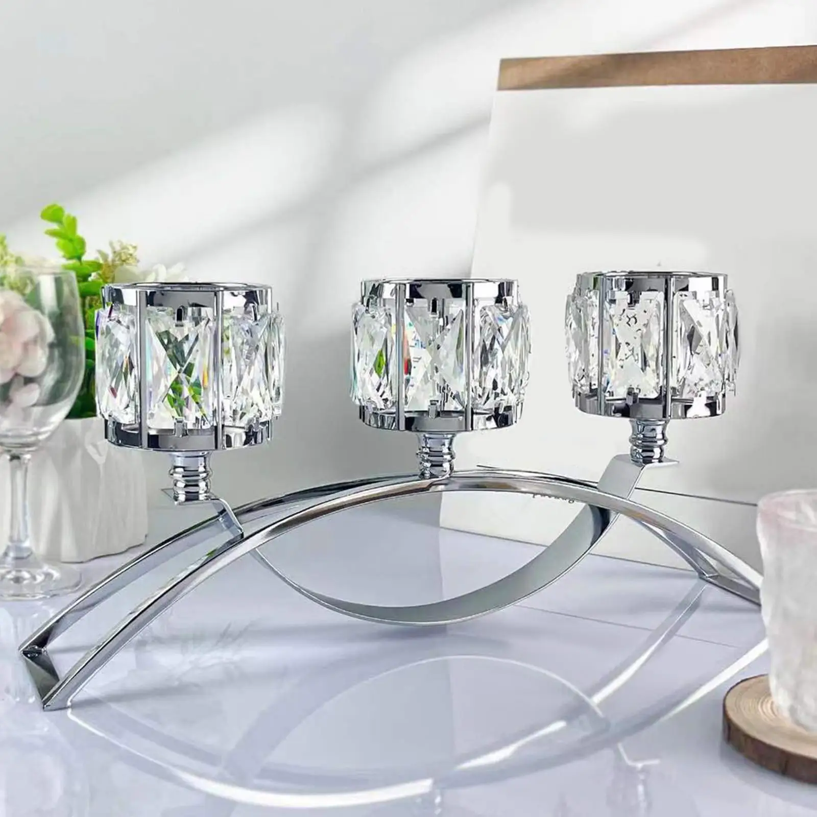 3 Arms Glass Bowl Tealight Candelabra Decorative Candleholder Tea Light Candle Holder for Banquet Office Festival Decor