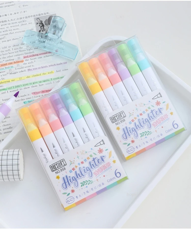 6-Farben-Textmarker-Set in Pastellfarbe, Pinsel, fluoreszierende Marker, Textmarker, Kunstmarker, japanisches süßes Kawaii-Briefpapier – Detail 7