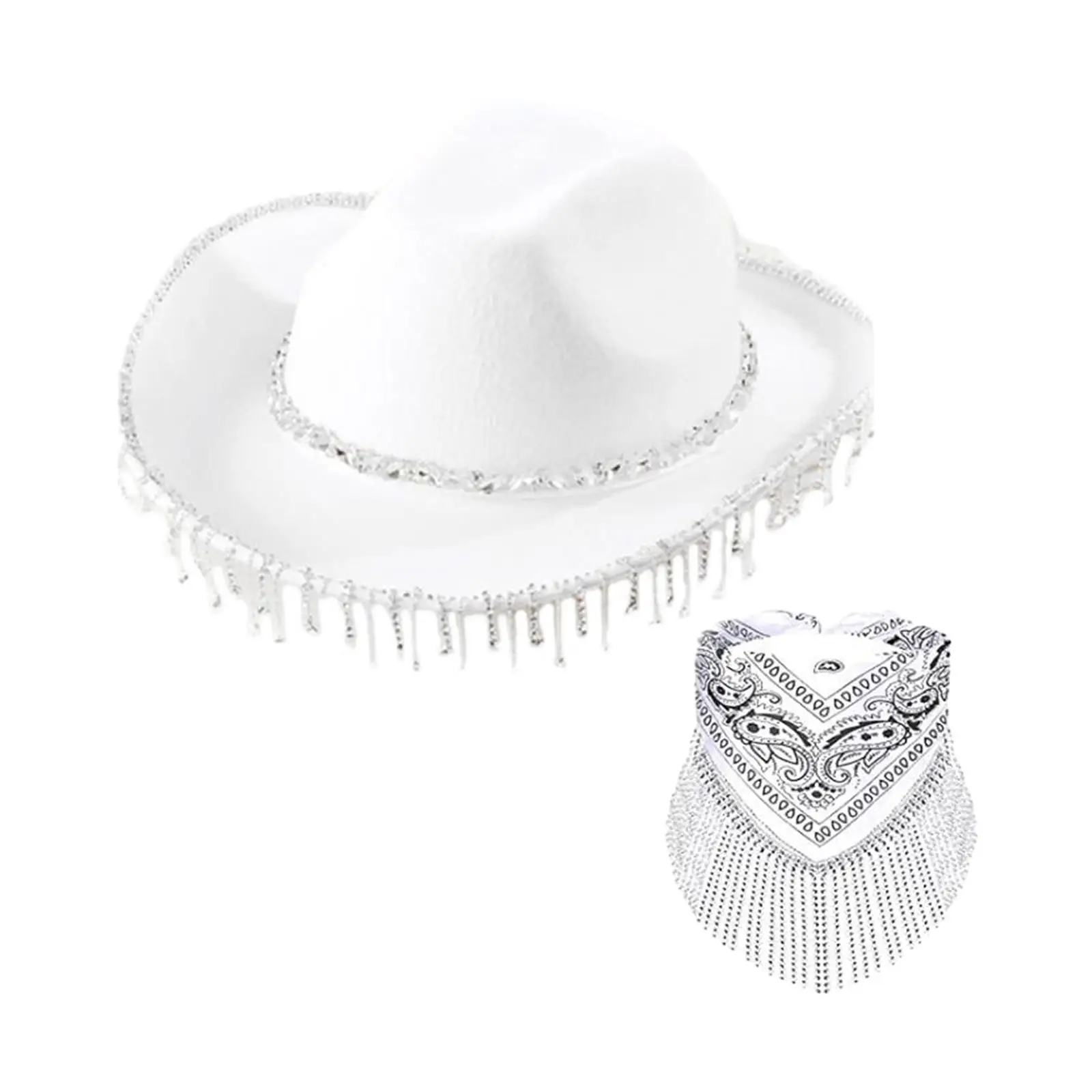 Western Cowgirl Hat Cowboy Hat with Fringed Bandana Set for Women Ladies Girls Outdoor Wedding Photo Props Costume Accessories