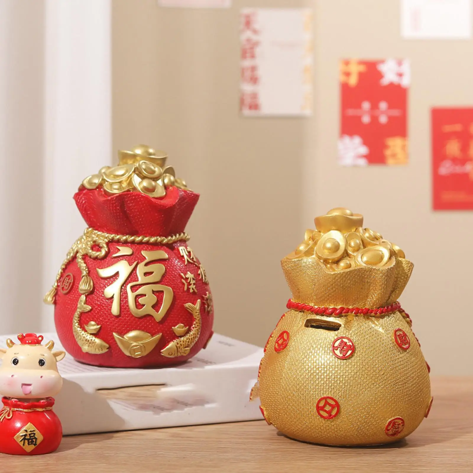 Resin Lucky Bag Piggy Bank Wealth Luck Coin Box Figurines Money Boxes Art Crafts for Tabletop Wedding Bedroom Home Decoration