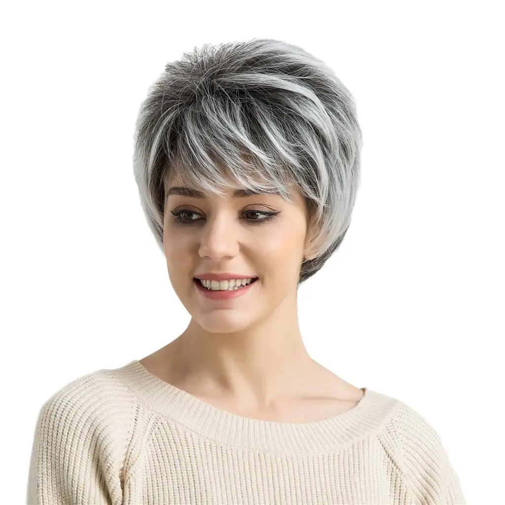  s Short Straight Hairpiece Heat Resistant Ombre Grey Female 