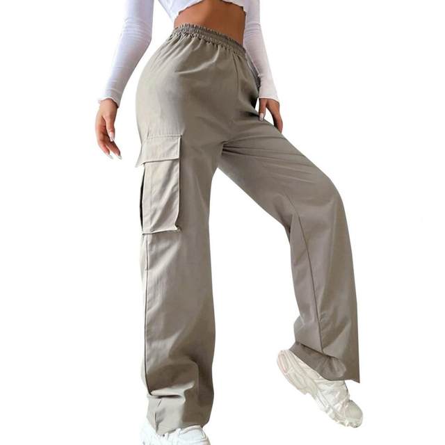 Fashion (Black)Women Cargo Pants Side Flap Pocket Trousers Solid Color  Elastic Waist Wide Leg Female Pants