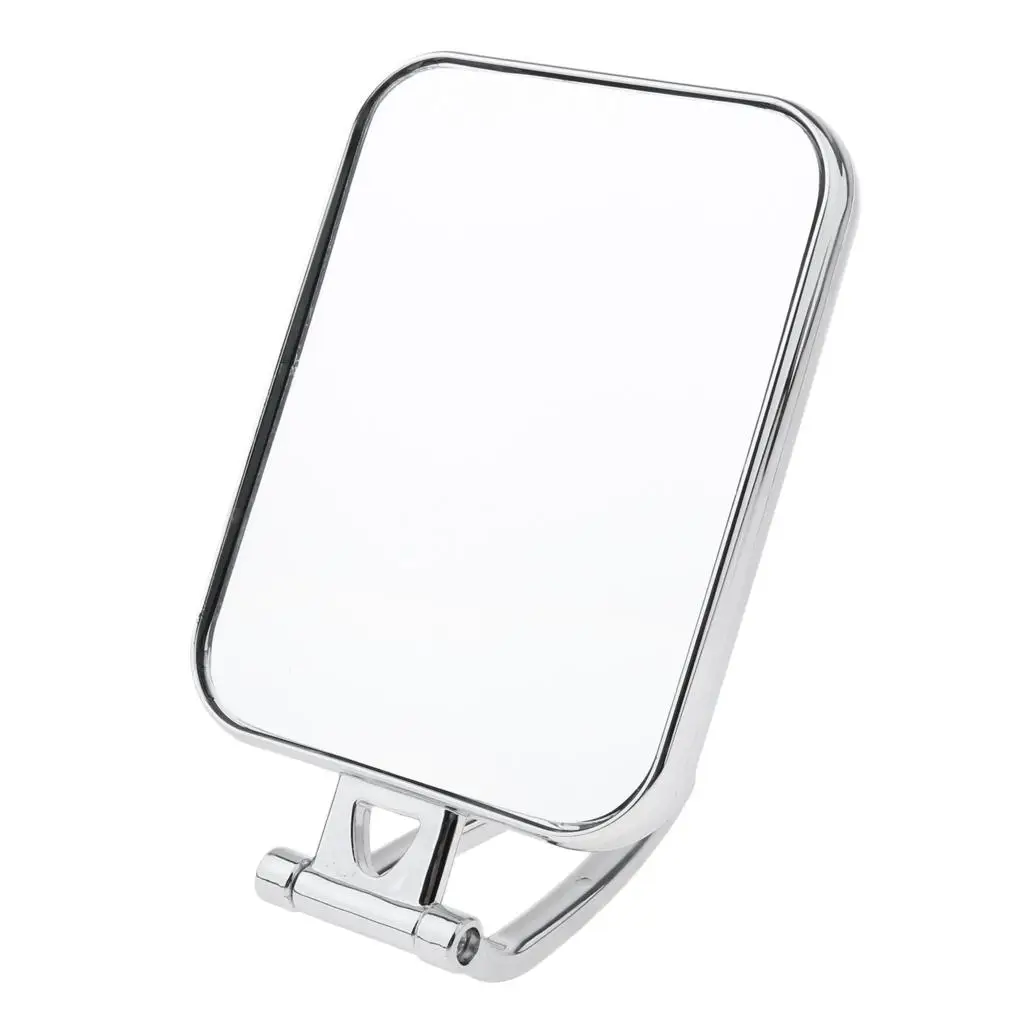 Vanity Makeup Mirror,Non-Magnifying,Round ,Free-standing,Folding Handle,Rectangle,Silver-plated Plastic Frame
