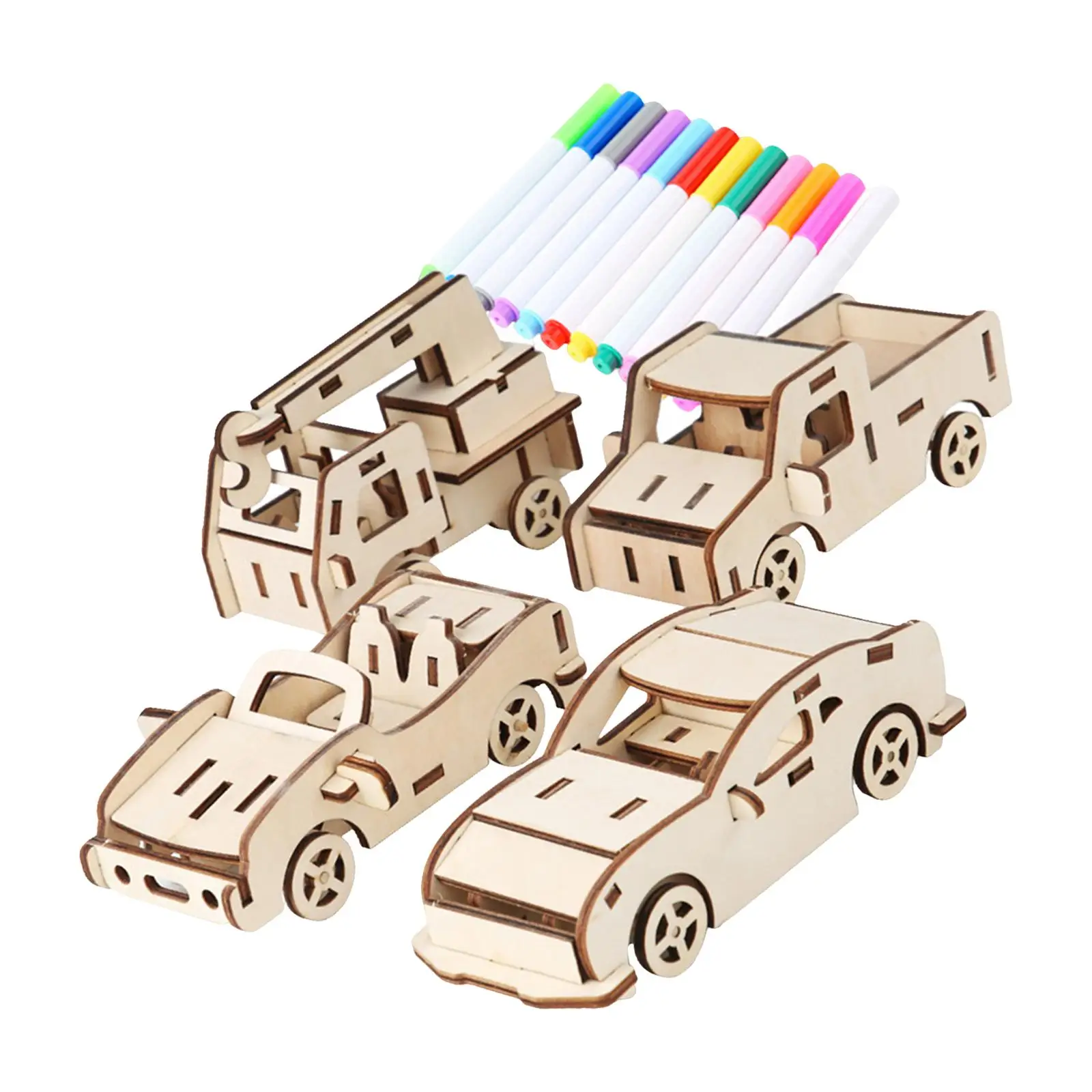 Model Car Kits Unique 4 Pack Jigsaw Wooden DIY Toys for Birthday childrens Party