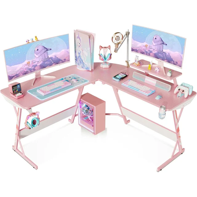 MOTPK Pink Gaming Desk L Shaped, 51 Inch Gamer Desk Gaming Table with  Carbon Fiber Texture, Corner Computer Desk L Shape - AliExpress