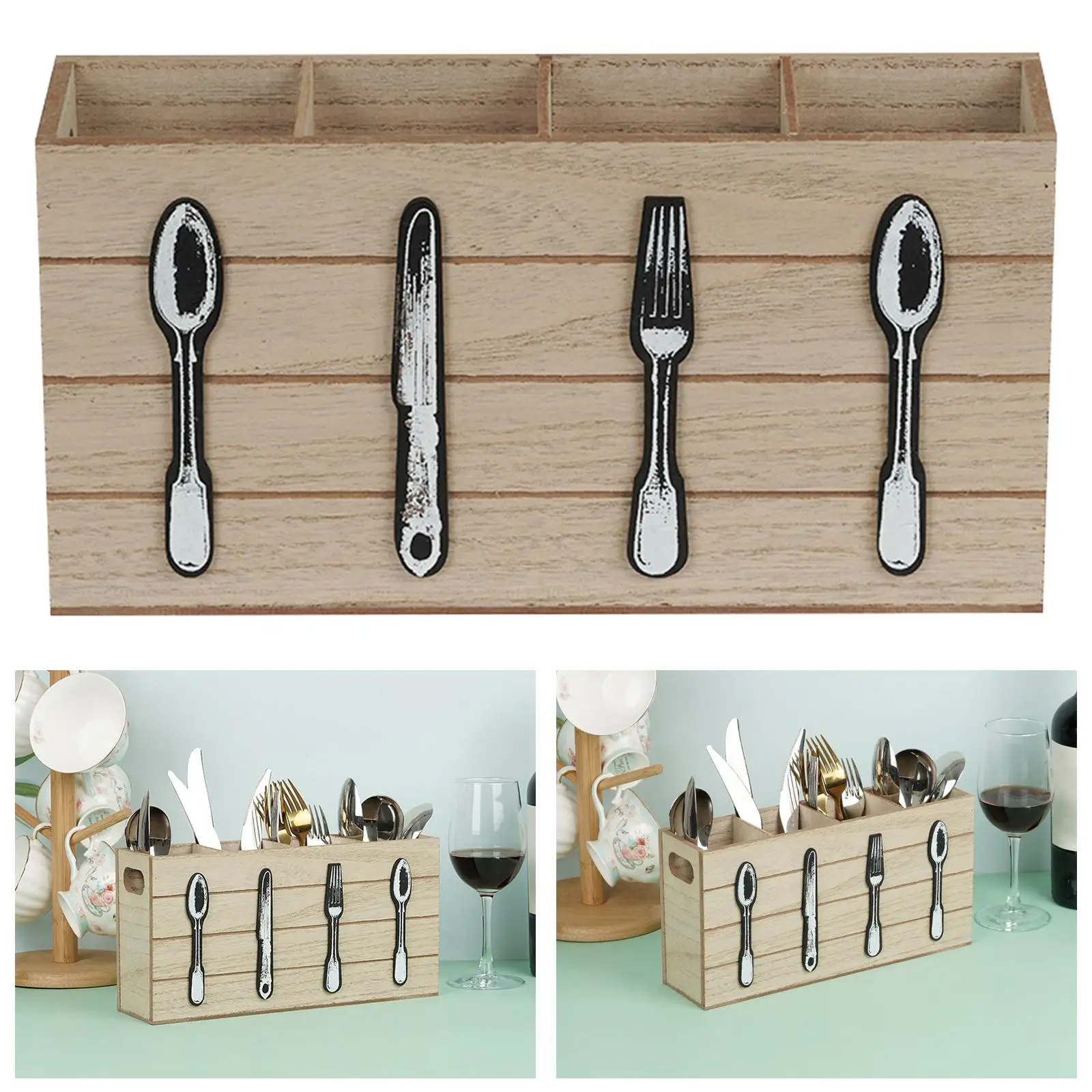 Retro Style Wooden Kitchen Cutlery Holder Multifunction Desktop Knife and Fork Storage Holder for Kitchen Decoration Daily Meals