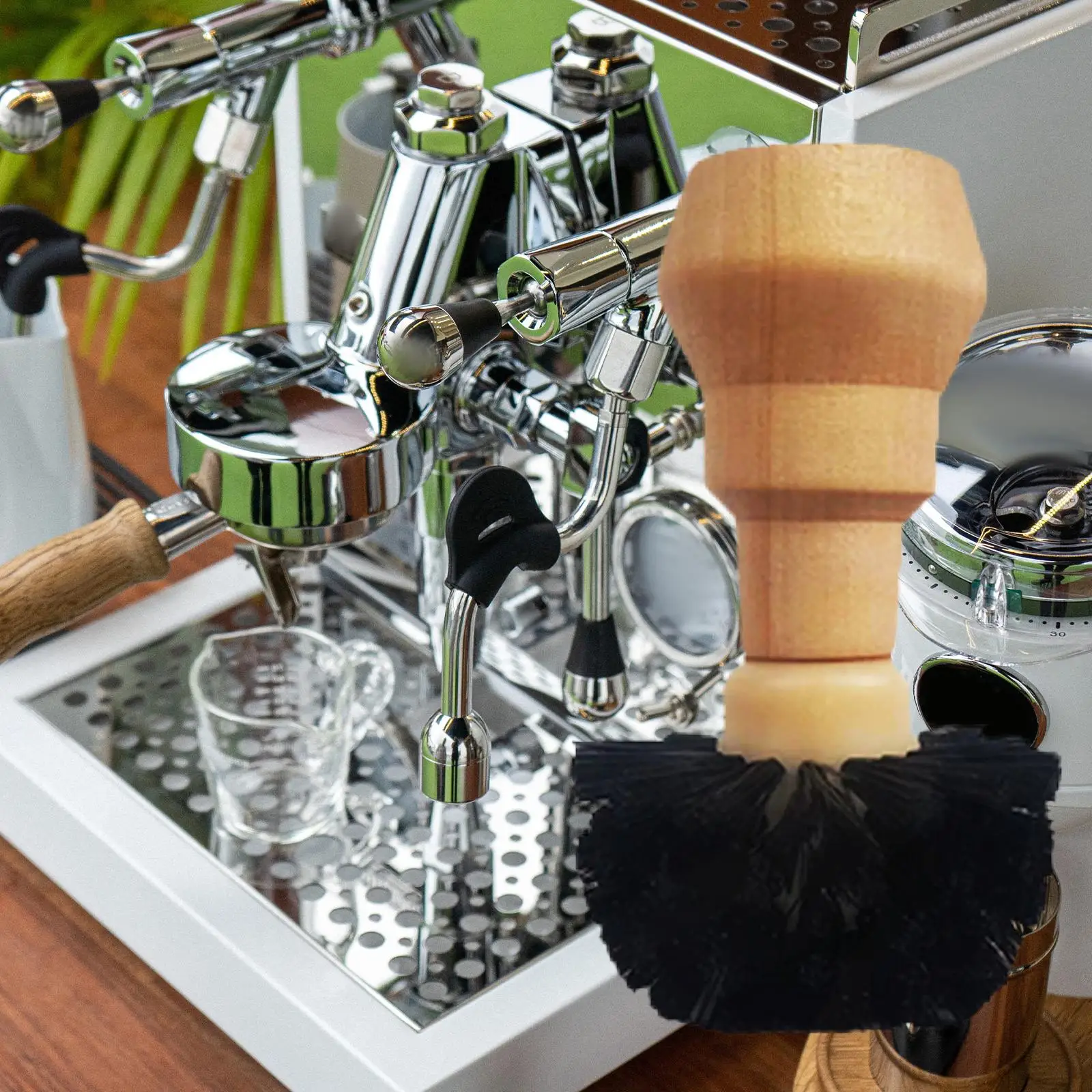Protable Coffee Tamper Cleaning Brush Coffee Grinders Cleaning with Wooden Handle for Barista Portafilter Basket Home