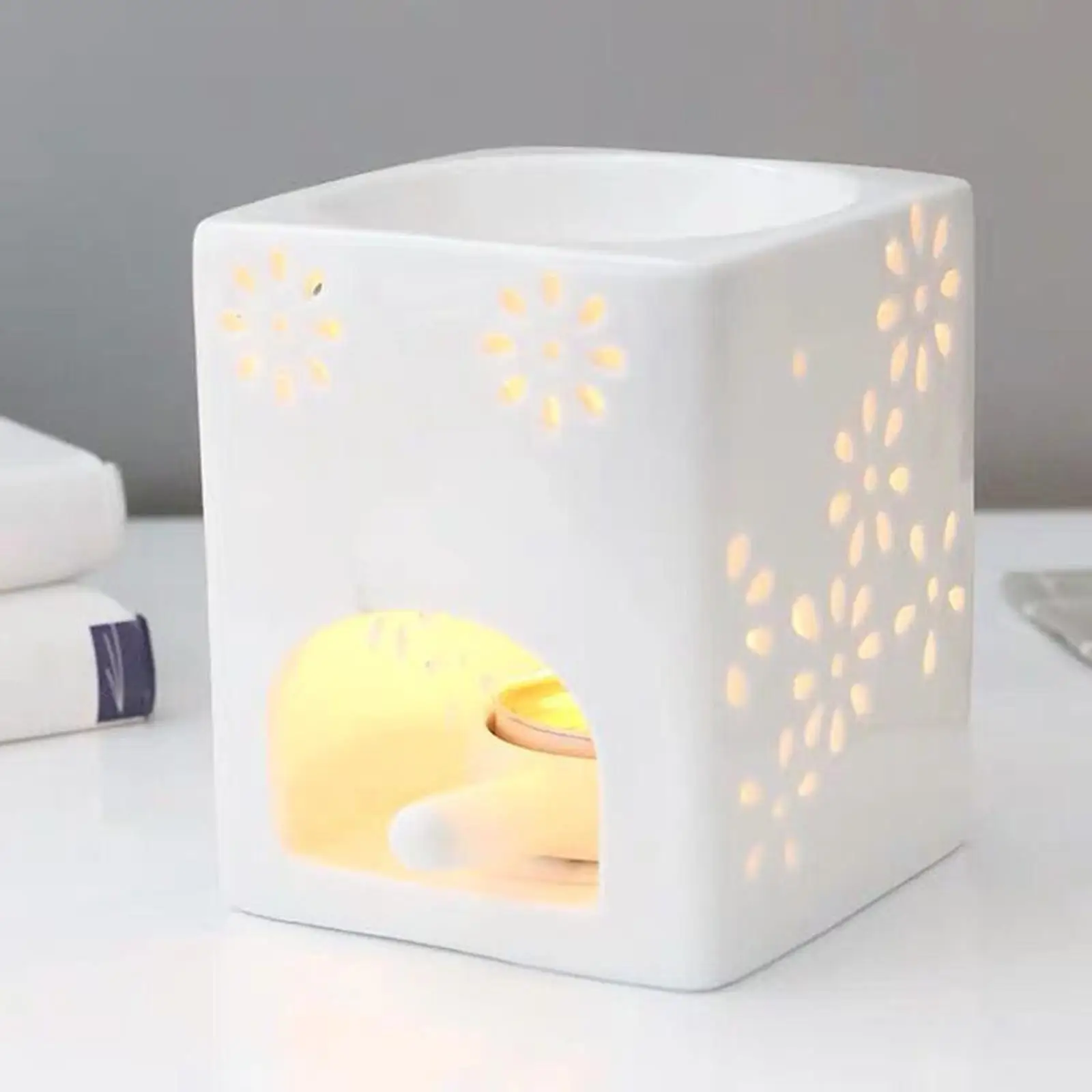 Ceramic Tea Light Holder White Essential Oil Burner Candle  Top with Bowl for  Meditation Home Relaxation