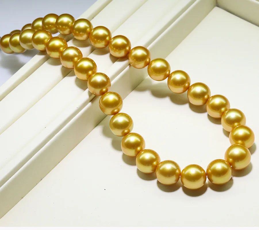 Huge Charming 18"13-15mm Natural Sea Genuine Golden Pearl Necklace For Women Jewelry Necklaces