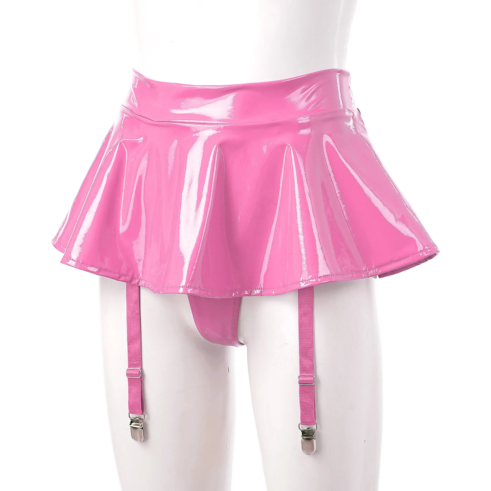 Womens Wet Look Patent Leather Ruffle Mini Skirt Built-in Thongs Garter Belts Metal Clips Lingerie Miniskirt Rave Party Clubwear