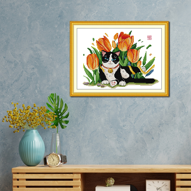 JoySunday Katze Muster Gedruckt Kreuz Stich Kits Aida Tuch 16CT 14CT Stoff DIY Handwerk Nadel Canva Hand Stickerei Set für Geschenk – Detail 2