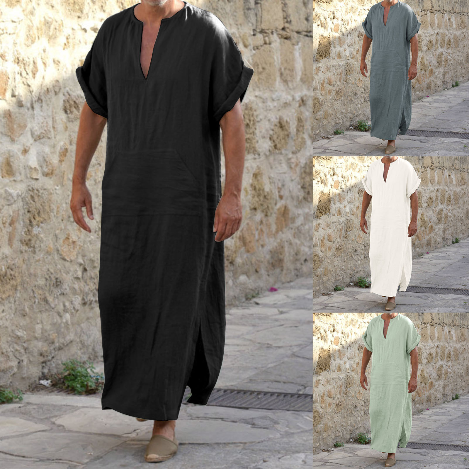 Men Robes Kaftan Muslim Arab Islamic V-Neck Short Sleeve Solid Imitation Linen Retro Vintage Loungewear Kaftan Arabia Man Abaya