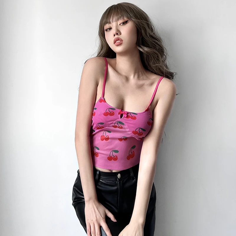 lace camisole Xingqing y2k Cherry Print Crop Tops Summer Women Sleeveless Mesh Cami Cute Kawaii Ruffles Tanks Camisole Slim Party Streetwear red cami
