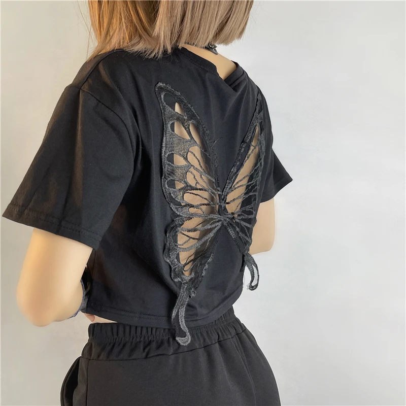 Harajuku Butterfly Wings Black T-shirt Sexy Hollow Out Short Sleeve Crop Top E-girl Dark Academia Grunge Pullovers Tees Women