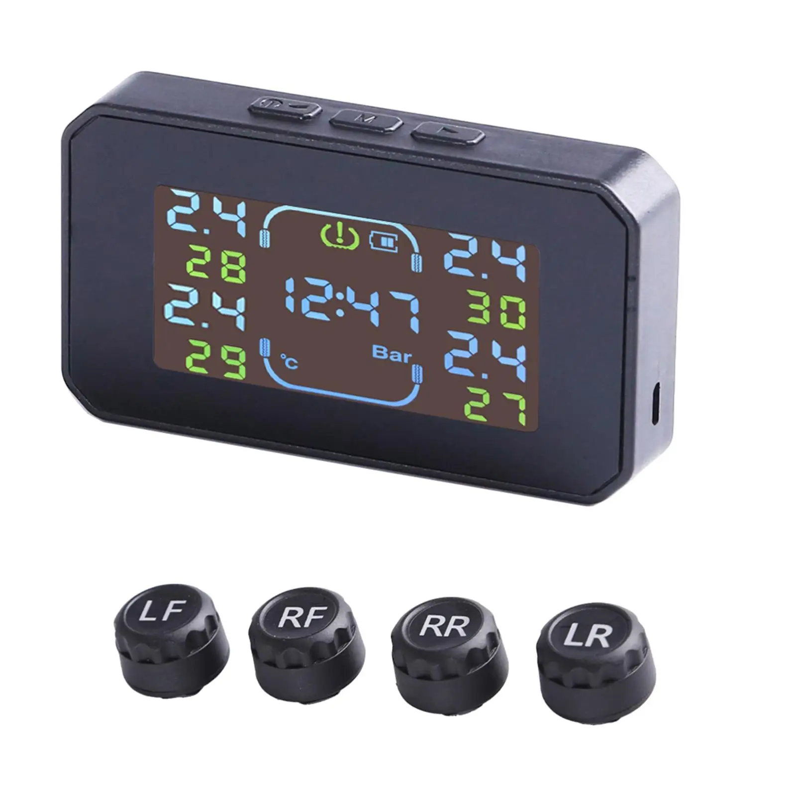 Solar and USB Charge Tire Pressure  System w/ 4 External Sensor Monitor Temperature Alerts Time  Alarm Modes