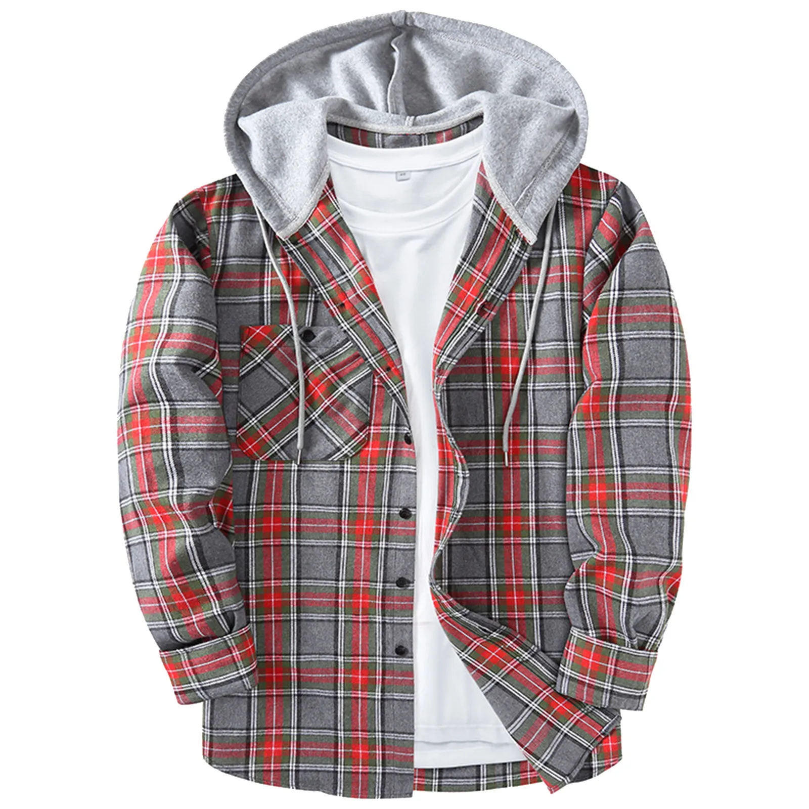 Camisa de franela con capucha para hombre, camisa cálida de manga larga con botones y bolsillo en el pecho, Top de principios de otoño