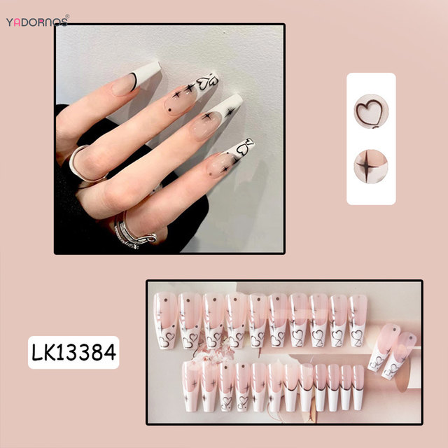 Y2k Sweet Cool Press On Nails, Long Coffin Fake Nails With Heart And French  White Edge Design, Glossy Full Cover False Nails For Women And Girls - Temu  France