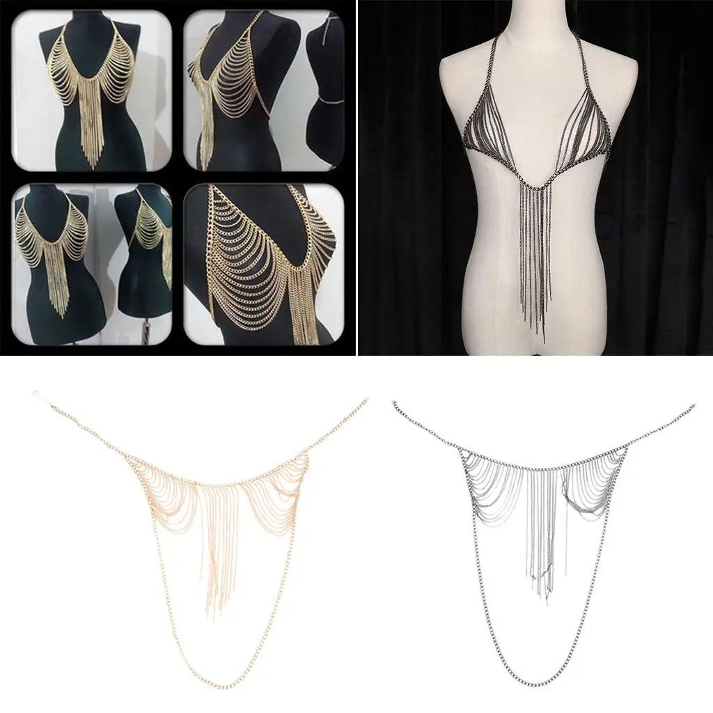 Fashion Halter Backless  Metal Bra Body Chain Alloy Tassels Bikini Jewelry for Women Lady,  Gold