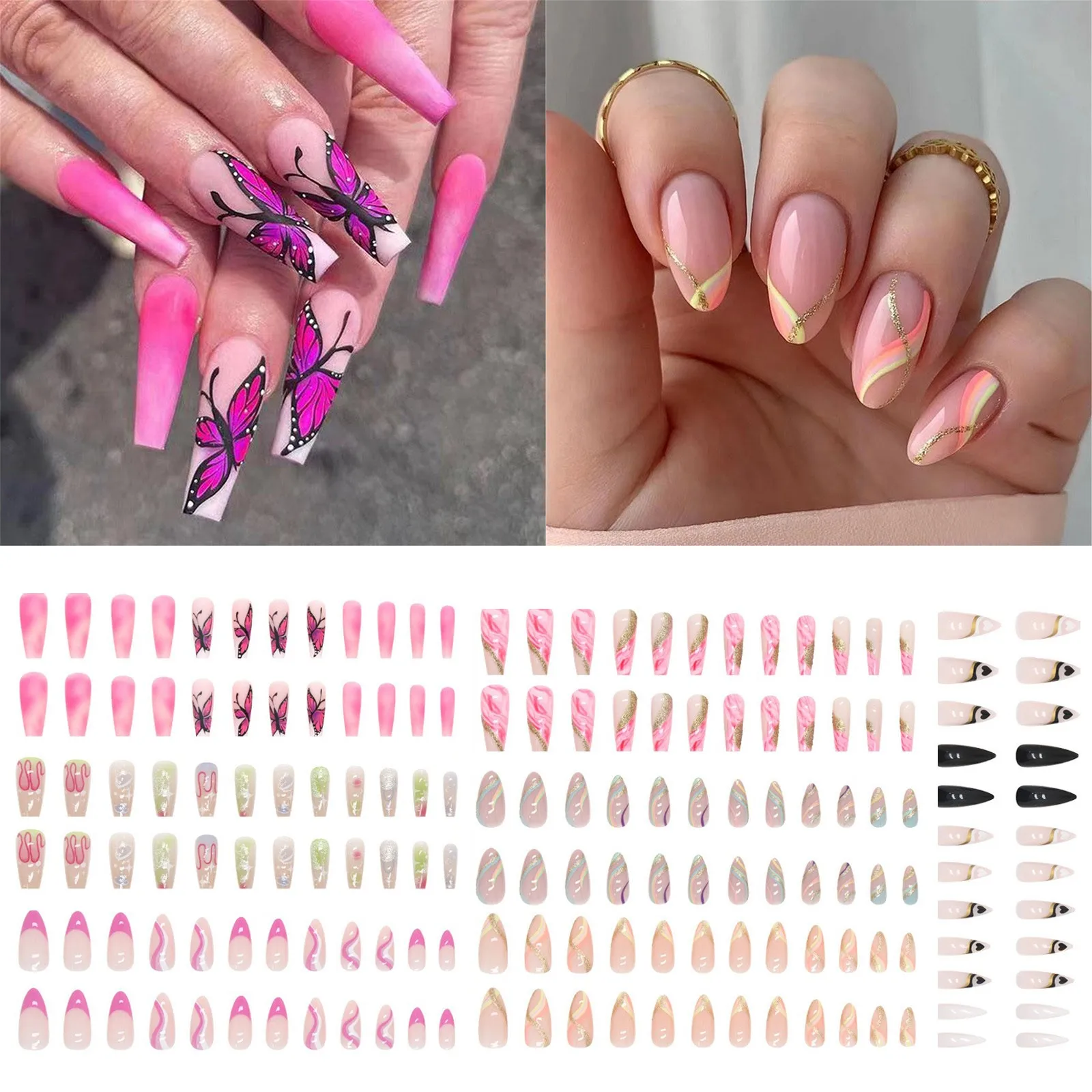 Europe And America Full Coverage Fake Nails Ladies And Girls 24 Pieces Long  With Adhesive Various Styles 1ml - False Nails - AliExpress