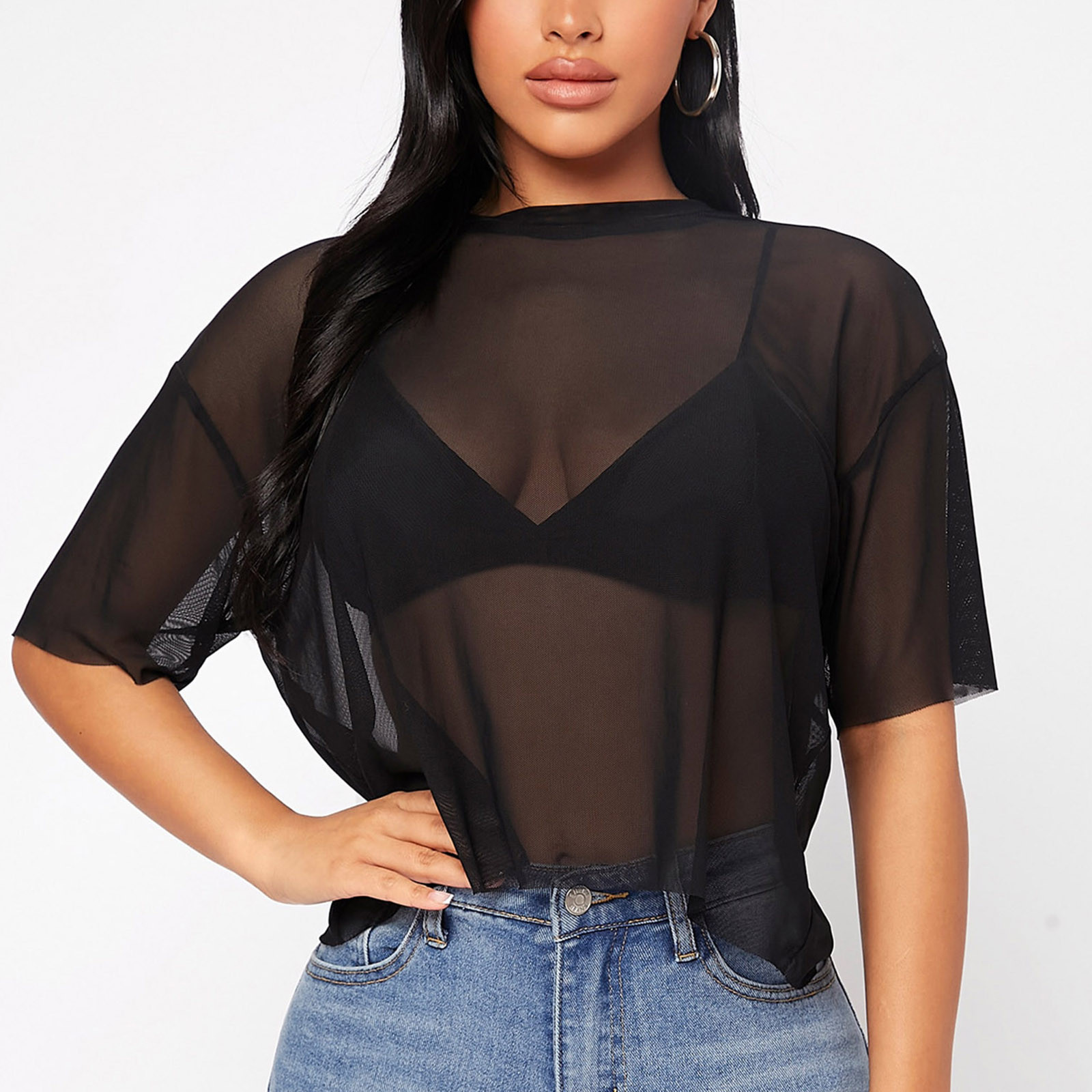 Description Picture 2 of itemWomen Short Intimate Women'S Clothing Tops See Through Women'S Mesh Crop Sheer Shirt Short T Sexy Lingerie Sleepwear Lenceria