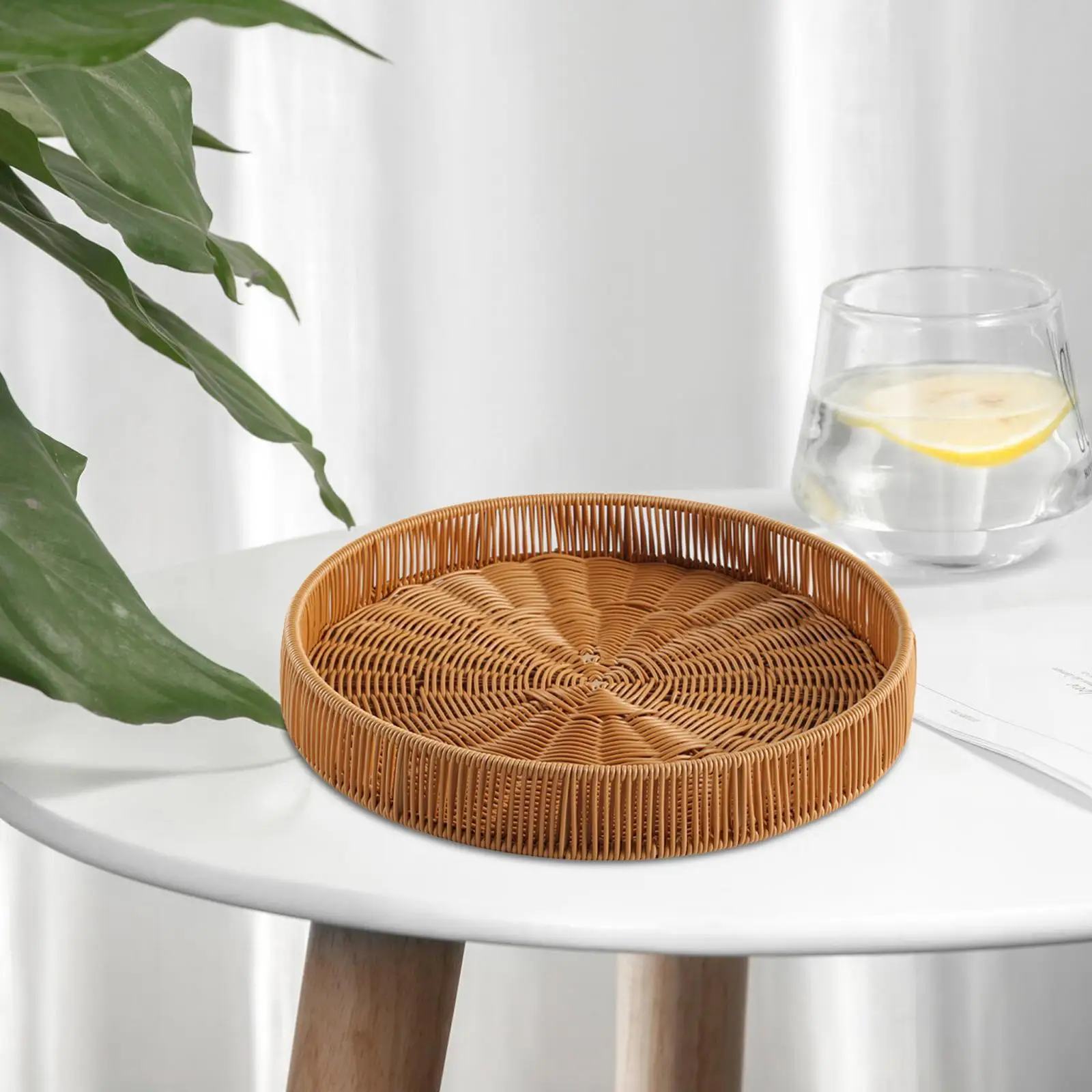 Round Imitation Rattan Tray Rustic Hand Woven Serving Tray Bread Basket Ottoman