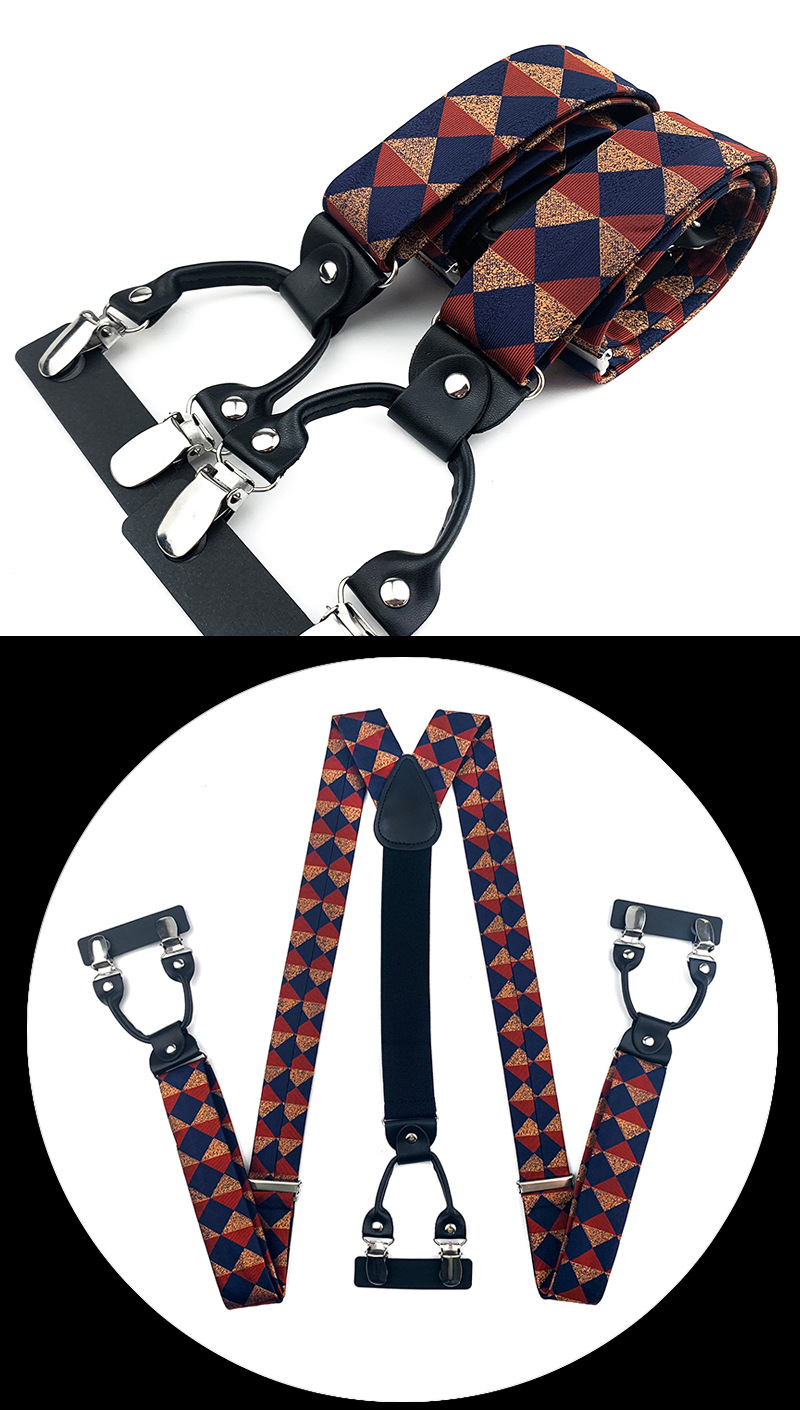VEEKTIE Brand Suspender For Men 6 Snap Hooks Y-back Adjustable Jacquard Floral Check Shirts Paisley Yellow Blue Vintage Retro