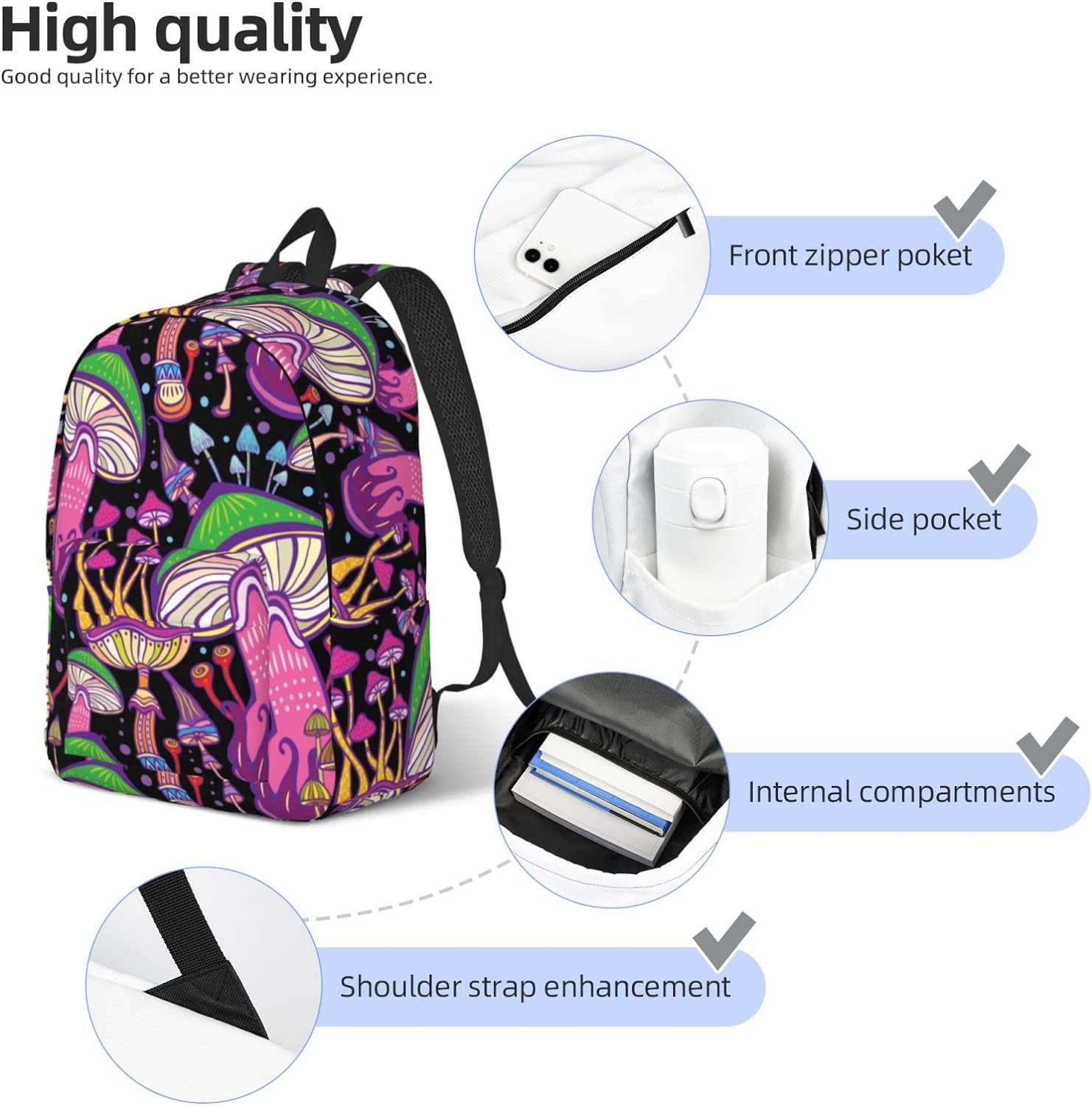 mulheres, mochila casual leve, cogumelos, laptop, bolsa de viagem, exterior