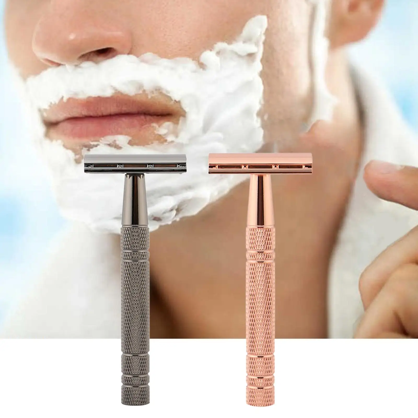 Double Edge Safety Razor Shaving Long Handle Face Hair Removal for Men with 5Pcs Razor Blades