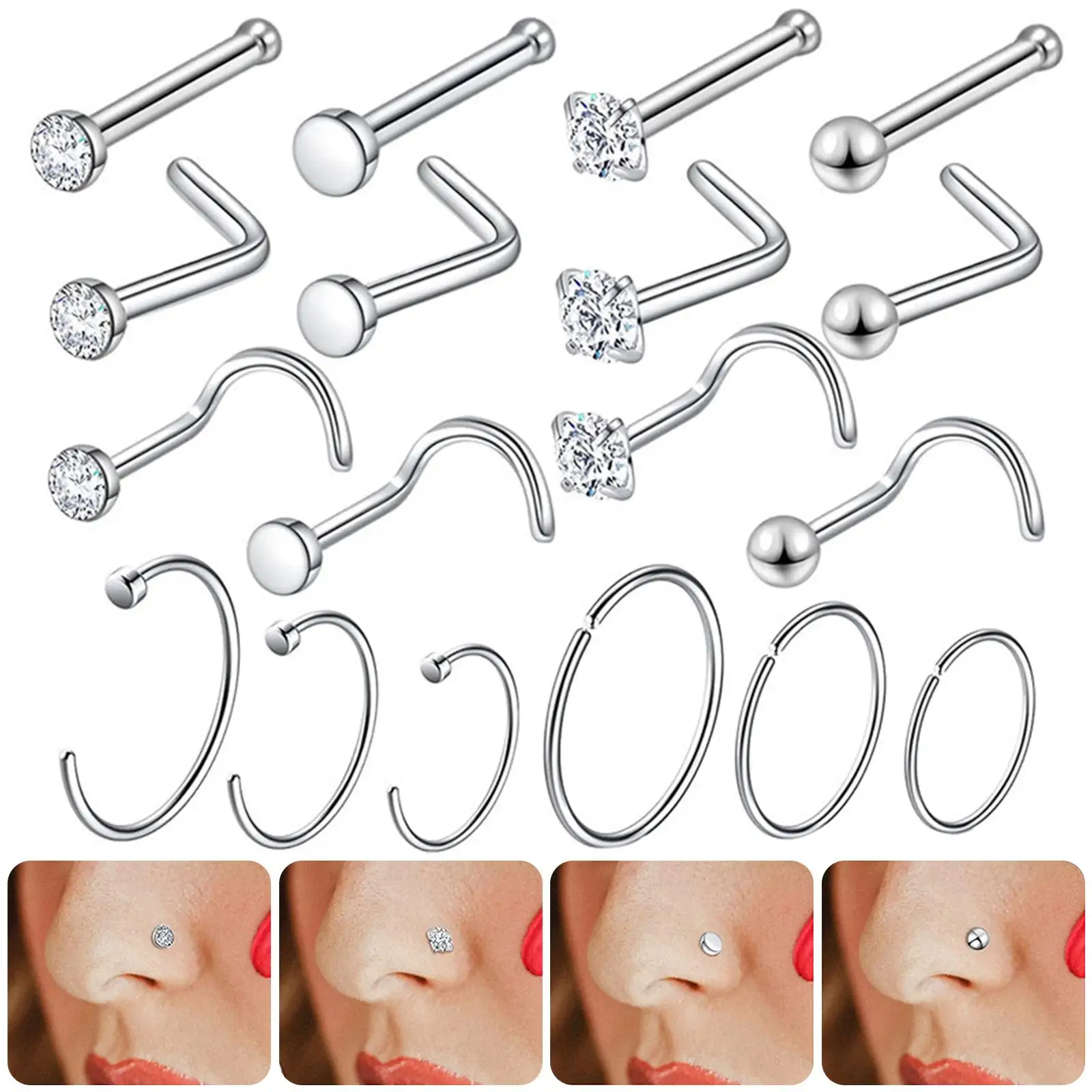 18 Nose Rings Set Stainless Steel Crystal Nose Hoops for Women 