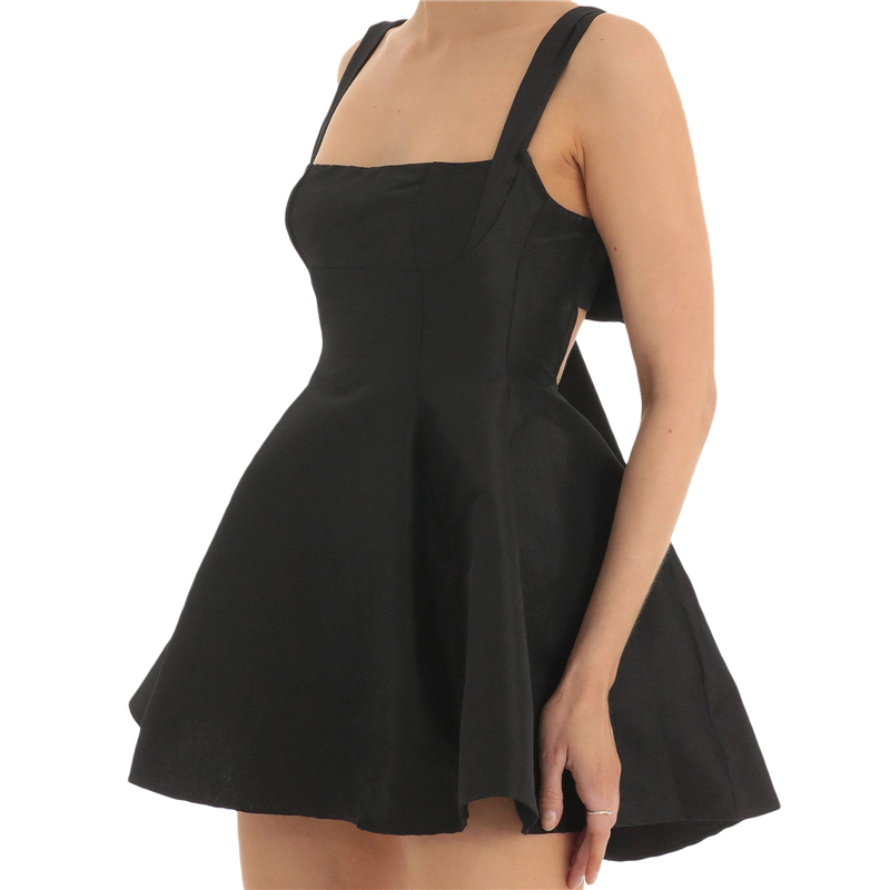 Satin Dress for Women Summer Solid Color Square Collar Sleeveless Backless A Line Mini Dress Elegant Party Dresses