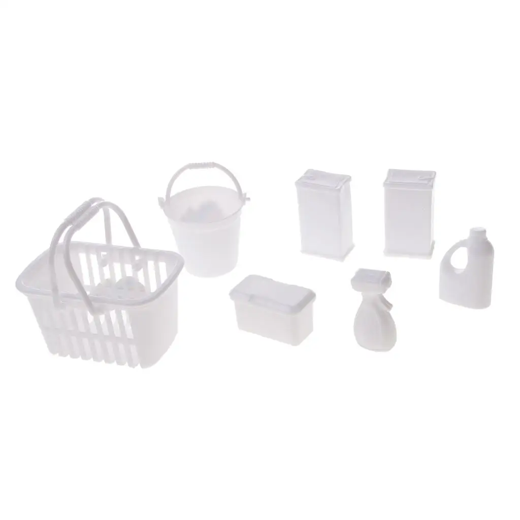 7pcs Dollhouse Miniature Mini Cleaning Tools Laundry Basket Bucket Detergent Kit for   Doll Bathing Accessories Classic Toy