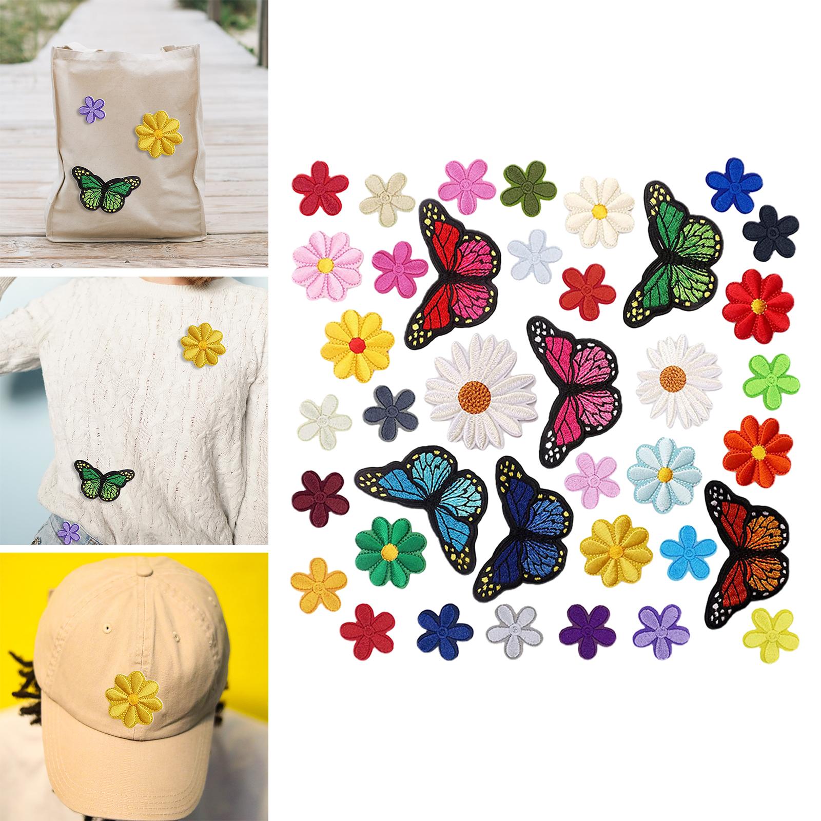 38x Butterfly & Flower Iron Patches Applique Decor Sewing Embroidered Stickers for T Shirts Handbook Bags Arts Crafts Coats