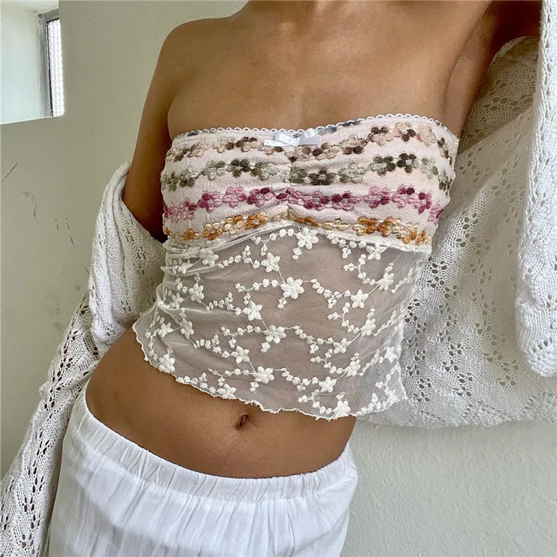 Cute Floral Tube Tops for Women Sexy Strapless Backless Mesh Bandeau Crop  Top Y2K Summer Aesthetic Tank Clothing (A-White, L)