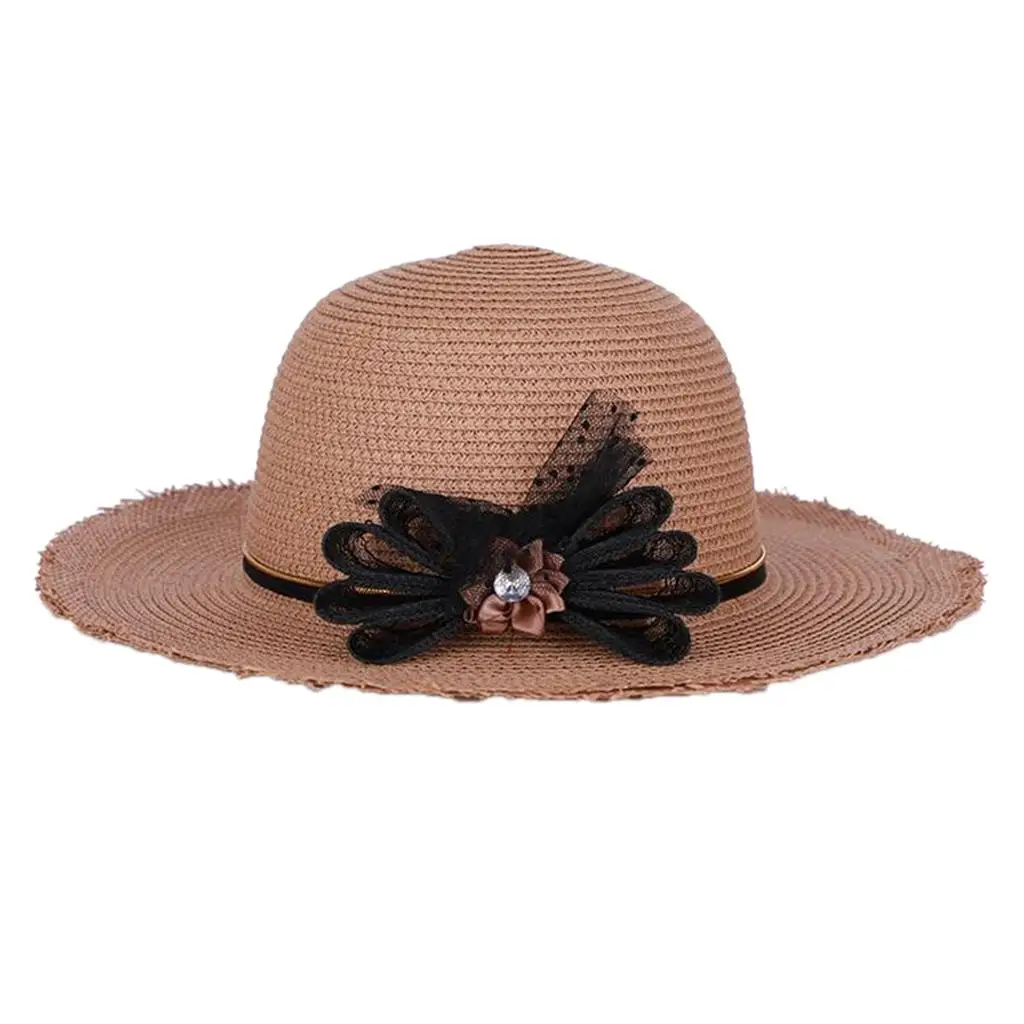 Straw Weave Hat Wide Visor Beach Sun Protection Cap with Lace Bow Ornament