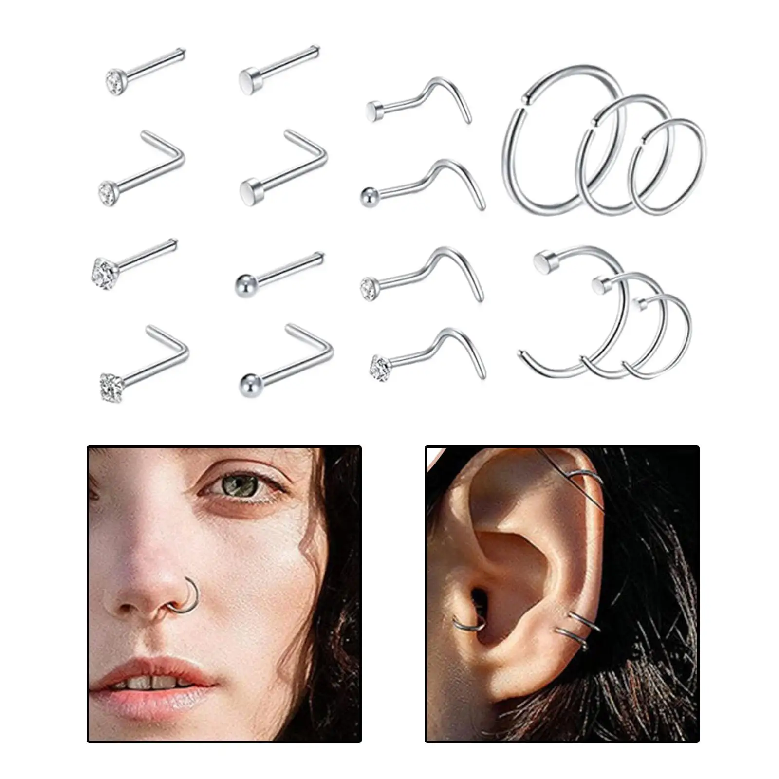 18Pcs Stainless Steel Studs Nose  Nose  for Womens Mens