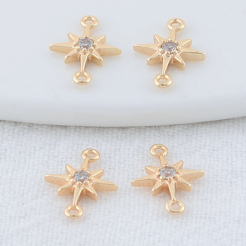 6 Stück 8*11,5mm 14 Karat Gold Messing mit Zirkon 2 Löcher Stern Charms Anschlüsse Halskette Armband Schmuck Herstellung Zubehör – Detail 2