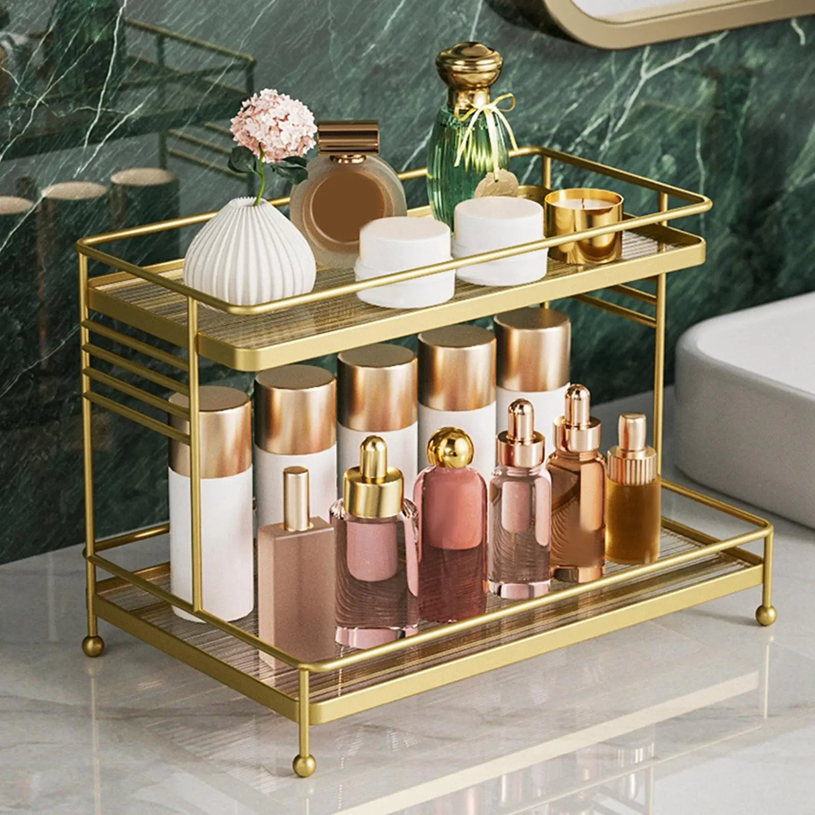 Double Layer Bathroom Countertop Storage Shelf Makeup Organizer Cosmetic Storage Holder for Dressing Table Living Room Dorm