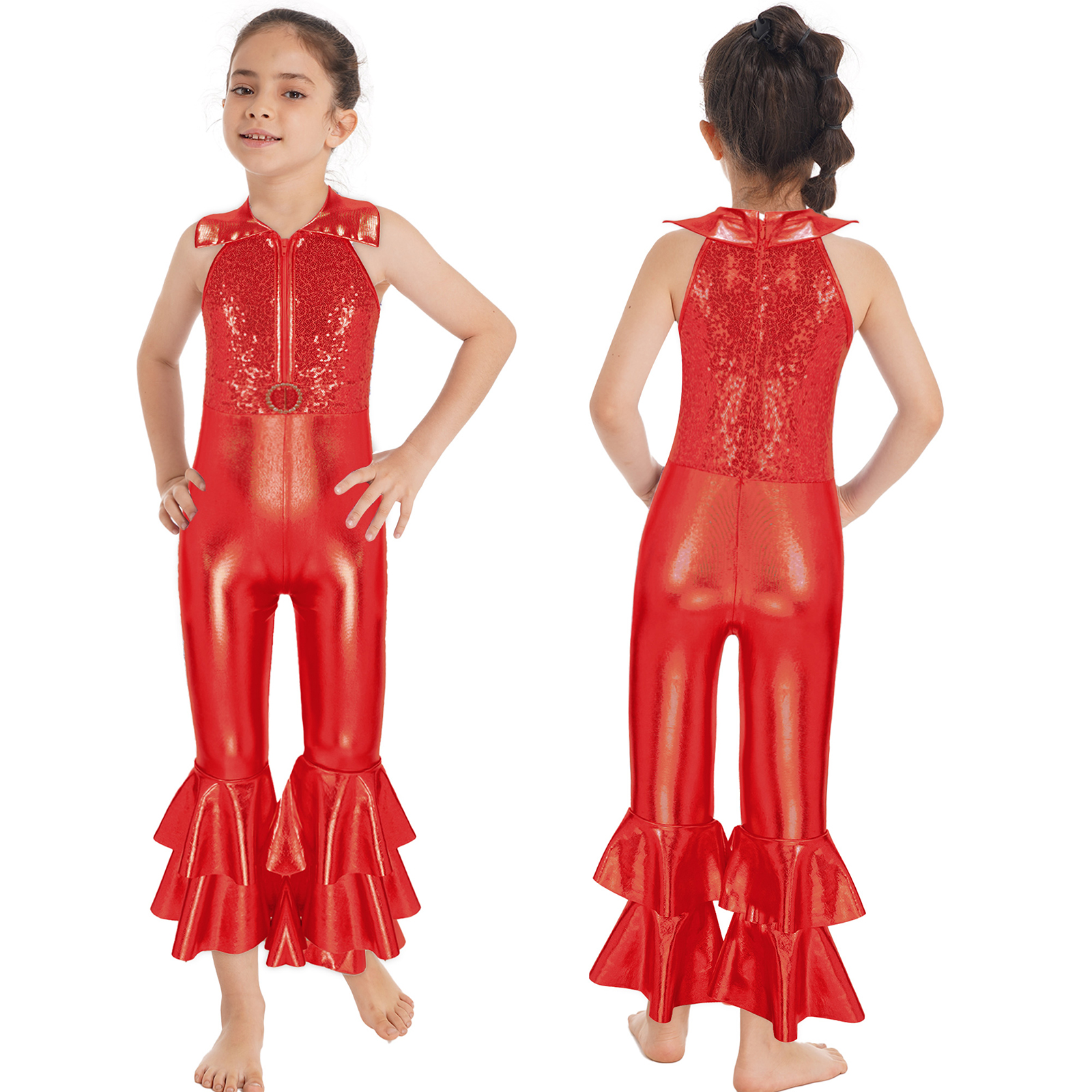Kinder Mädchen Pailletten Ballett Gymnastik Trikot Vintage Party Hippie Kostüm Disco Diva Tanz Leistung Overall Glocken boden – Detail 17