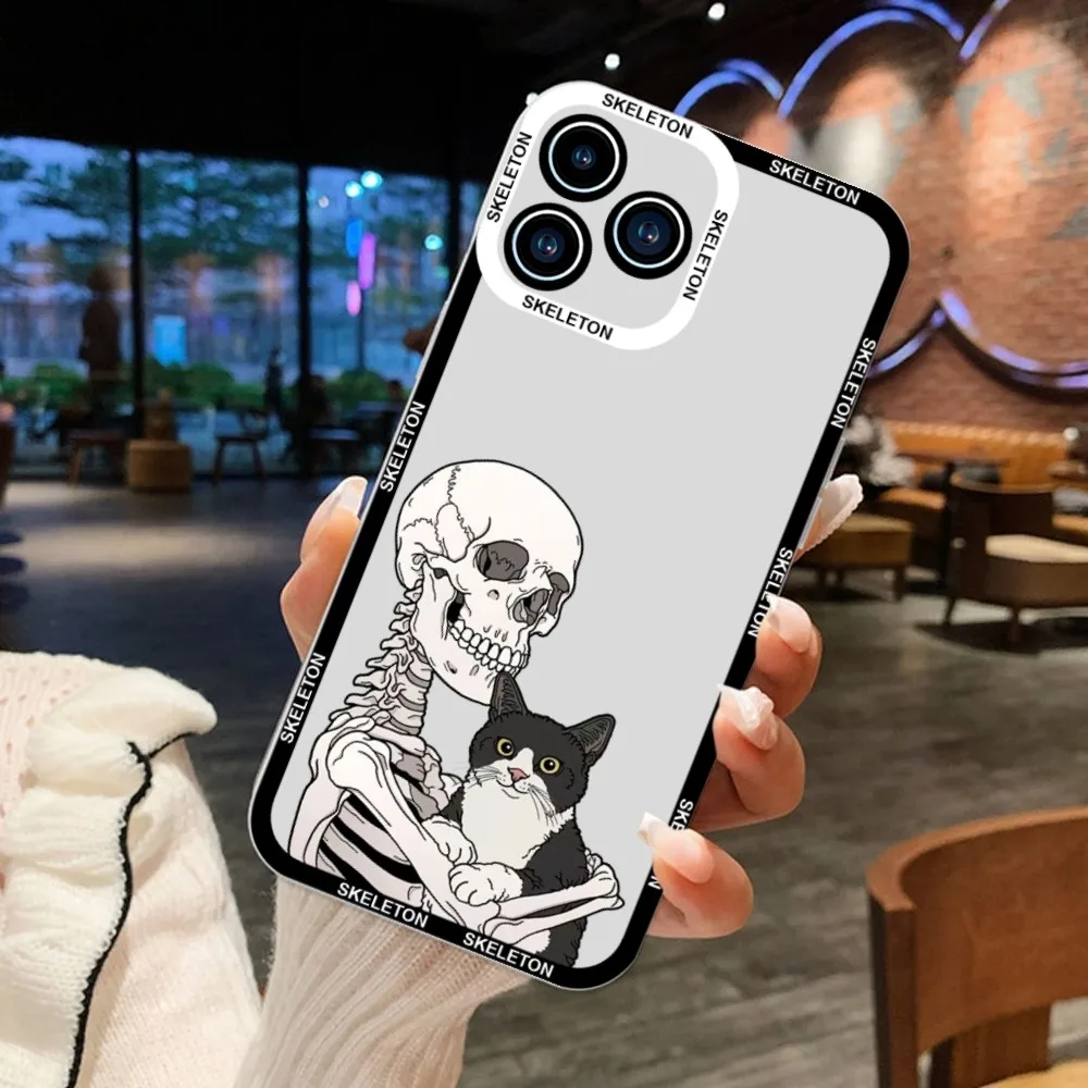 Чехол для телефона с рисунком скелета кошки для iPhone 11 12 Mini 13 14 Pro  Max прозрачный чехол | AliExpress